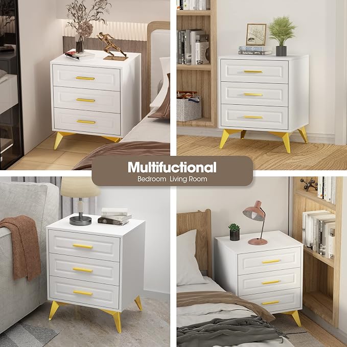 Giluta White Nightstand with 3 Drawers, Modern Night Stand with Gold Solid Metal Legs & Handles, Wood Bedside Table, Sofa End Side Table for Bedroom - Image 8