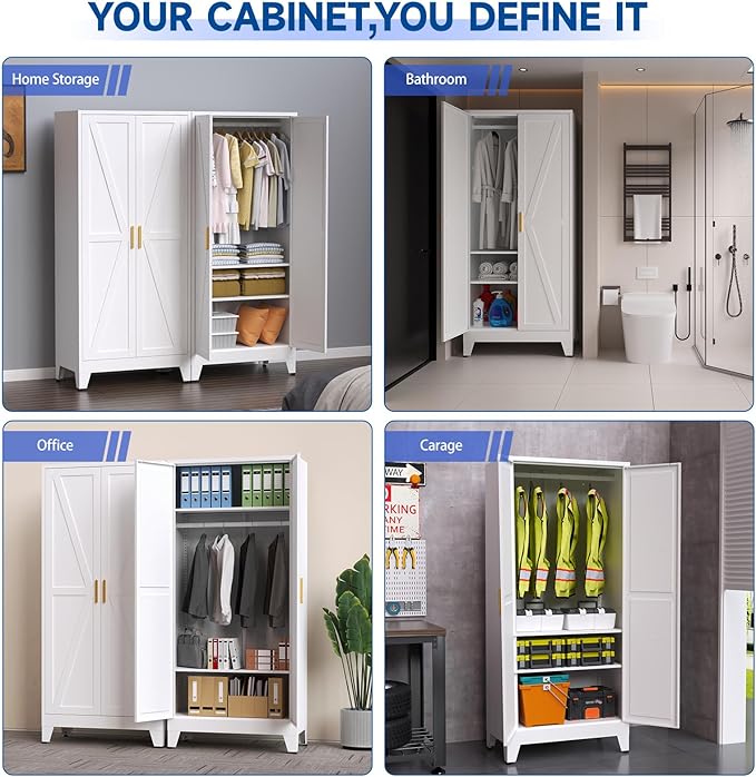 71" Heavy Duty Steel Armoire Wardrobe Closet, White Metal Clothing Storage Cabinet with 2 Magnetic Doors & Adjustable Shelves, Waterproof Hanging Rod Cabinet for Bedroom Gym Laundry Room