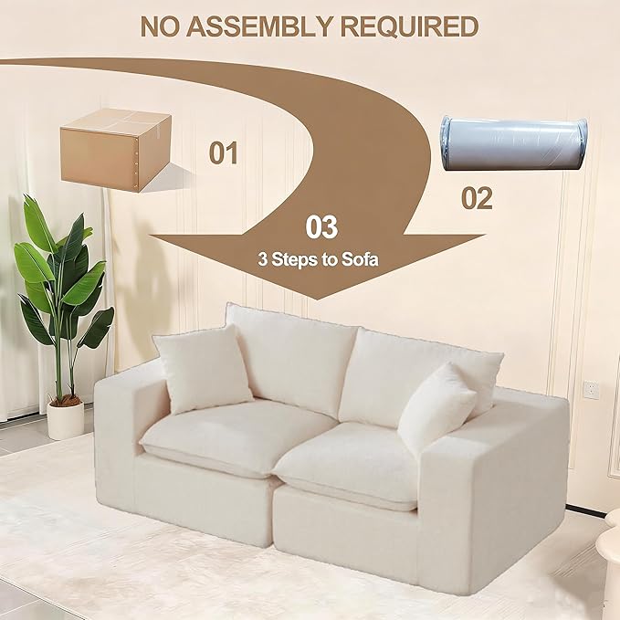 Ball & Cast Modular Loveseat Cloud Sofa,79'' Chenille Sectional Couch with Wider Armrest and Pillow,2 Seat Upholstered Convertible Comfy Love seat Chenille Sofa Couches for Living Room,White