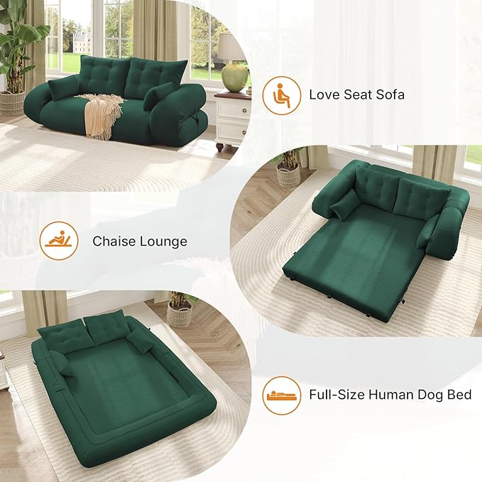 Rovibek 94" x 78" Oversized Floor Sofa with 4 Pillows, 3-in-1 Convertible Sleeper Sofa Bed, Compressed Couch in a Box for Living Room, Apartment, and Guest Roomg, Green