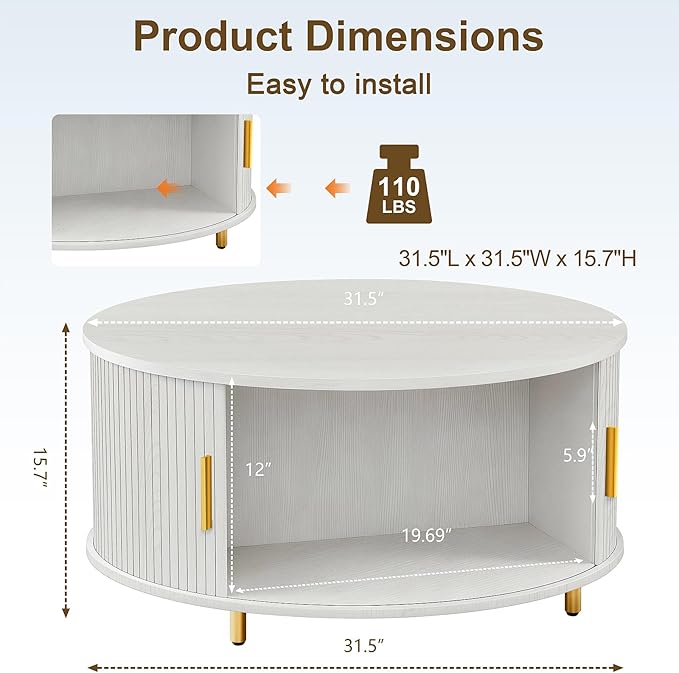 DHH Round Coffee Table, 31.5" Mid Century Modern Coffee Table with 360° Sliding Tambour Door, Fluted Accent Coffee Table with Storage Adjustable Footpads for Living Room (White)