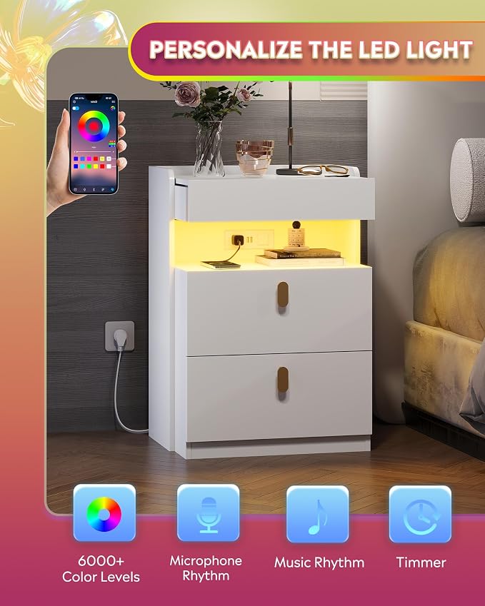 WLIVE White LED Nighstand Set of 2 with Charging Station, Night Stands Sets with Sliding Top, Bedside Tables with Drawers, End Table for Bedroom, Living Room, White - Image 4