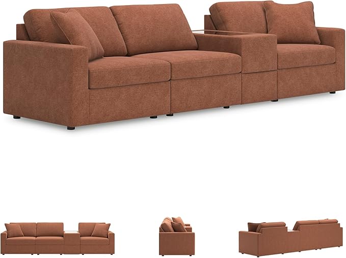 Signature Design by Ashley Modmax Urban Modular Stain Resistant 4-Piece Sectional with Storage Console, Drawer and 2 Accent Pillows, Orange