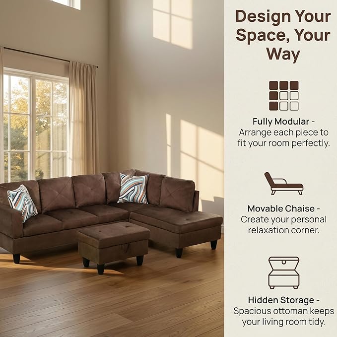 NicBex Modular L-Shaped Sectional Couches, 3-Piece Convertible Couch with Storage Ottoman, 4-Seat Comfy Sofa with Chaise for Living Room & Apartment, Brown