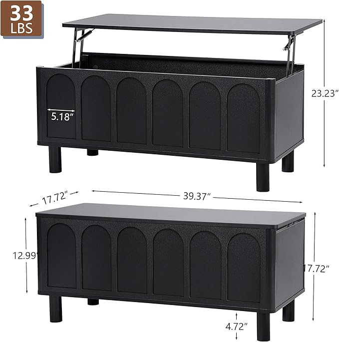 Lift Top Coffee Table with Arched Finish, Modern Coffee Table with Lifting Tabletop & Hidden Storage, Wood Center Table for Living Room,Convenient for Dining, Gaming or Working (Black)