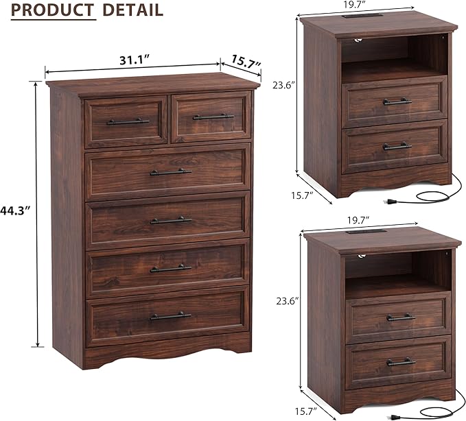 Bedroom Set, 3 Pieces Bedroom Furniture Set, Wood 6 Drawer Dresser and Nightstands with Charging Station, Farmhouse Storage Organizer Cabinet for Bedroom, Walnut