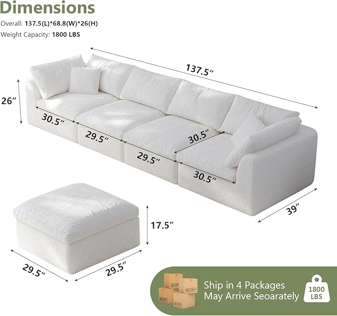 138" Modular Sectional Sofa Boneless Cloud Couch for Living Room, U Shape Deep Seat Recliner Sofa with Ottoman, Adjustable Backrest & 2 Throw Pillows - Covers Washable, (White, 4 Seater+2 Ottoman)