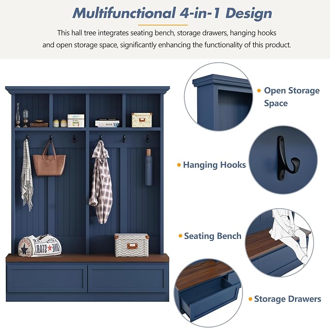 LUMISOL Farmhouse Entryway Hall Tree with Storage Bench, 4-in-1 Mudroom Shoe Cabinet with Open Compartments and 2 Large Drawers, Hallway Coat Rack with 6 Hanging Hooks, Blue - Image 5