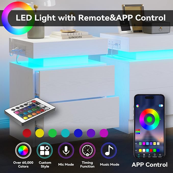 LIKIMIO Night Stand with Charging Station, Modern White Nightstand with LED Light and Drawers, Bedside Tables/End Table for Bedroom - Image 8