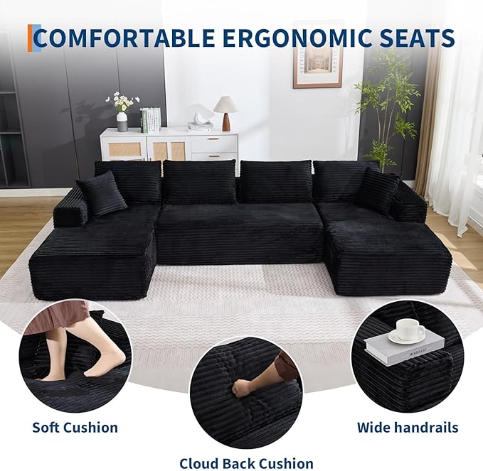 Boneless Couch U Shaped Sectional 130'' Modern Modular Cloud Couch with 2 Chaise Lounge, 4-Seat Corduroy Deep Seat Sofa with Pillows for Living Room