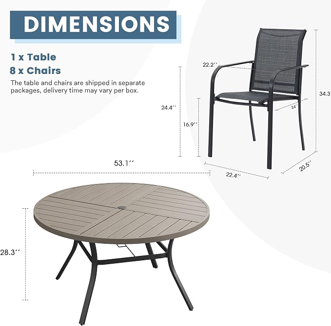 DIFY 9 Pieces Outdoor Patio Dining Set for 8, 53.1" Grey Wood-Like Round Metal Dining Table and 8 Grey Stackable Textilene Patio Chairs, Outdoor Table and Chairs for Backyard Garden Poolside - Image 8