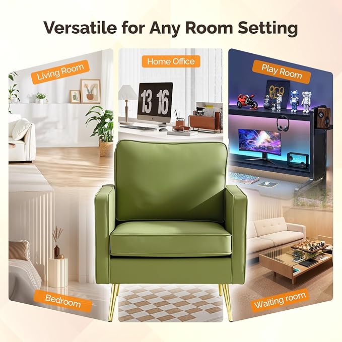 VINGLI Modern PU Leather Accent Chair, Single Sofa Chair with Pocket Coil Seat, Metal Backrest & Solid Wood Frame, Upholstered Armchair for Living Room, Bedroom or Office