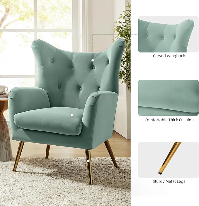HULALA HOME Velvet Accent Chair, Modern Wingback Arm Chair with Metal Gold Legs, Velvet Tufted Upholstered for Living Room Bedroom, Dining Room(SAGE)