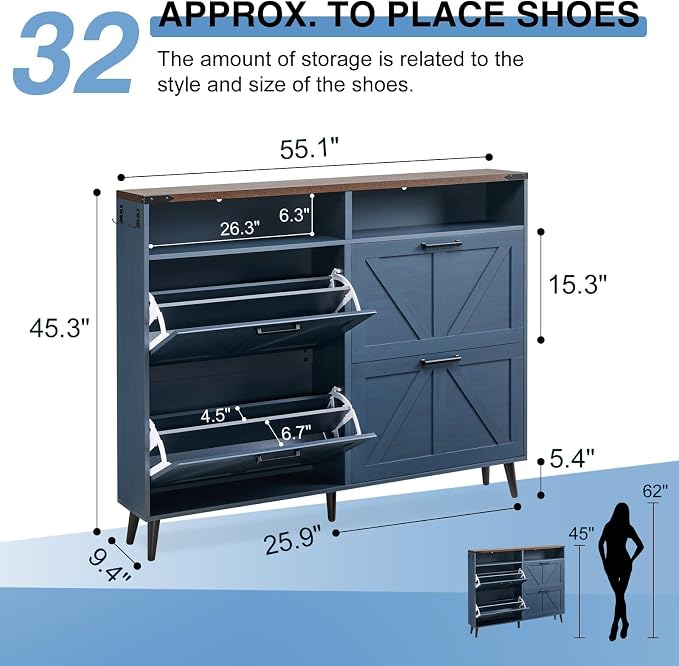 Barnyatoh Shoe Storage Cabinet,Farmhouse Shoe Organizer with 4 Flip Drawers & Barn Door Design,Freestanding Hidden Slim Narrow Shoe Rack Cabinet with Open Shelves for Entryway,Foyer,Hallway,Navy Blue - Image 2