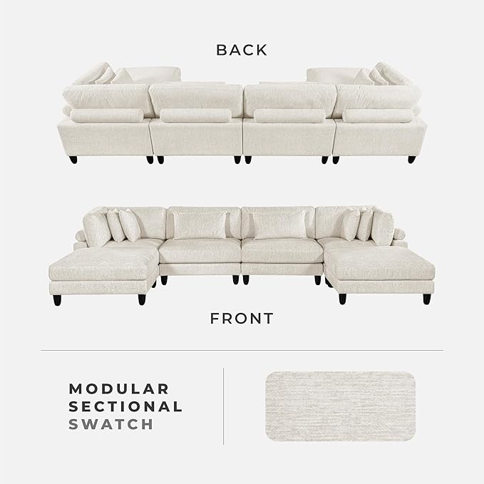 Lexicon 160 Inch Modular Sectional Sofa - Oversized 6 Seater Microfiber U Shaped Sectional Couch, 6 Accent Pillows, and Flexible Arrangement for Modern Living Rooms, Beige
