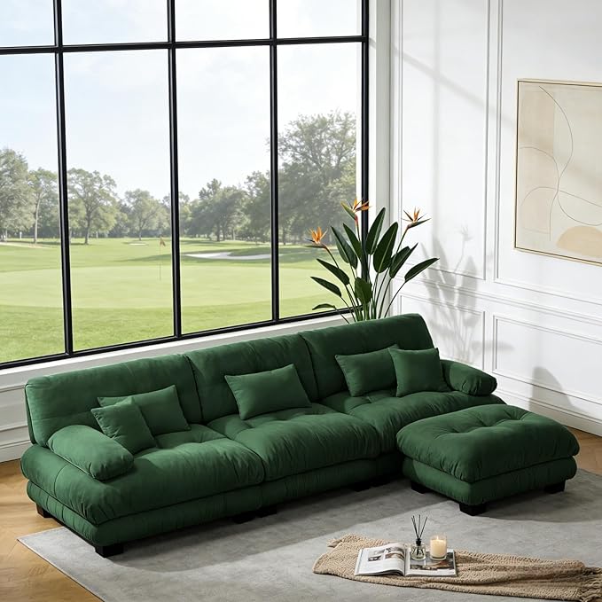 133.8" L-Shaped Cloud Couch, Oversized Modular Sectional Sofa, Deep Seat Cloud Boneless Couch, 3-Seat Modular Sectional Sofa with Ottoman or Living Room,Bedroom and Apartment, Green