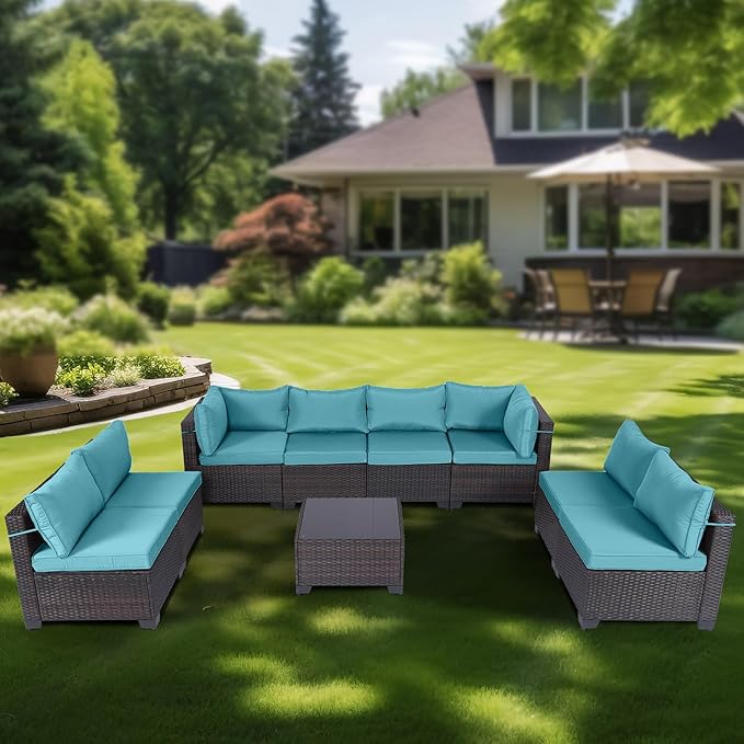 CHABATREE 9 Pieces Outdoor Patio Furniture Sets,Rattan Conversation Sectional Set,Manual Weaving Wicker Patio Sofa with Tea Table