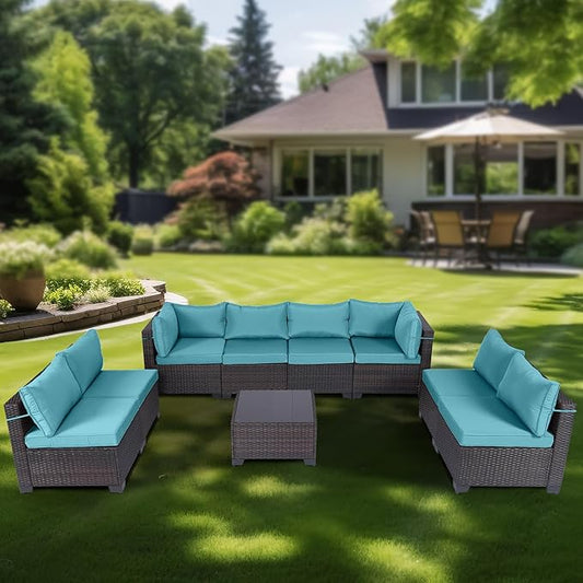 CHABATREE 9 Pieces Outdoor Patio Furniture Sets,Rattan Conversation Sectional Set,Manual Weaving Wicker Patio Sofa with Tea Table