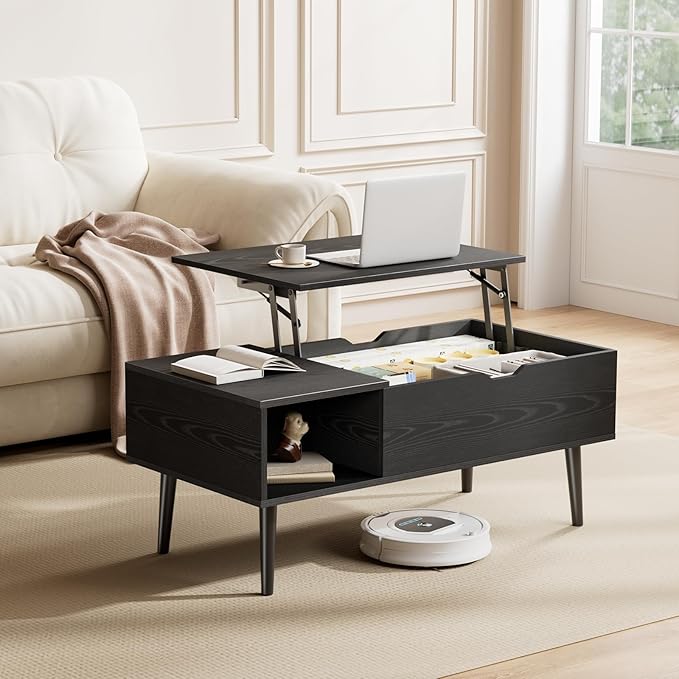 NEWBULIG Lift Top Coffee Table with Storage, Wooden Coffee Table for Living Room, Hidden Compartment & Open Shelf, Small Space Center Table, Black