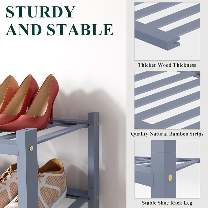 Smiry Shoe Rack, 4 Tier Small Bamboo Shoe Organizer, Stackable Free Standing Wooden Shoe Storage Shelf for Closet, Entryway, Front Door Entrance, Grey - Image 3