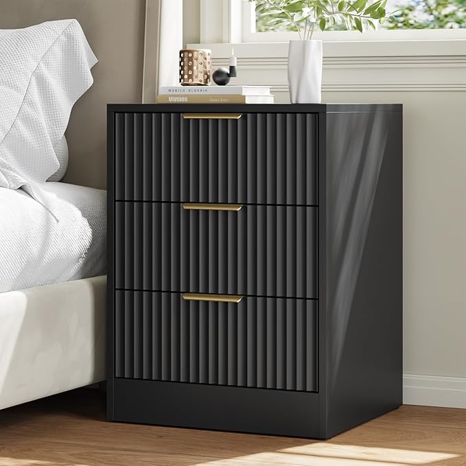 Black Fluted Dresser & Nightstand Set 3-Piece, Long 6 Drawer Dresser and Night Stand Set of 2 with Metal Handle, Fluted Modern Wood Chest of Drawers Storage Dressers Set for Bedroom, Black