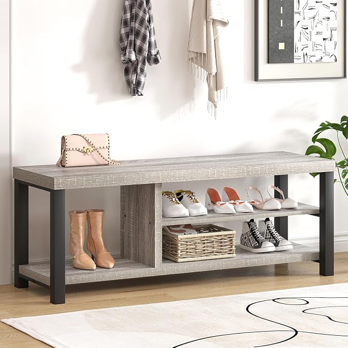 FOLUBAN Storage Bench, Vintage Wood Shoe Bench for Entryway Hallway, Industrial Indoor Shoe Rack Seat for Bedroom, Living Room, Light Grey, 43.3 Inch - Image 7