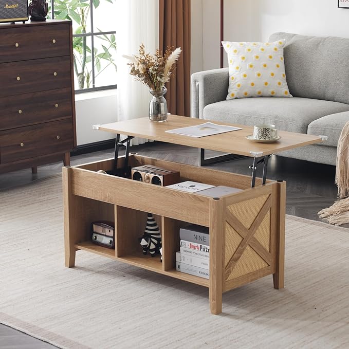 VINGLI Farmhouse Lift Top Coffee Table, Rustic Grey with Storage Shelf/Hidden Compartment, Mesa De Centro para Sala, Rustic Brown (Rattan Natural, 40" L)