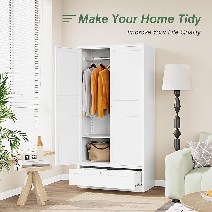 Metal Wardrobe Closet Cabinet,White Armoire Wardrobe Closets Storage Cabinets with Drawer,Metal Storage Cabinet with Doors and Shelves for Laundry Room,Bedroom,Home Office,Bathroom