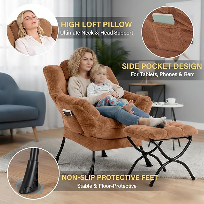 Cozy Lazy Chair and Ottoman, Large Contemporary Plush Brown Accent Chair Set, Modern Leisure Upholstered Reading Armchair for Bedroom, Living Room, Dorm Rooms, Office, Balcony