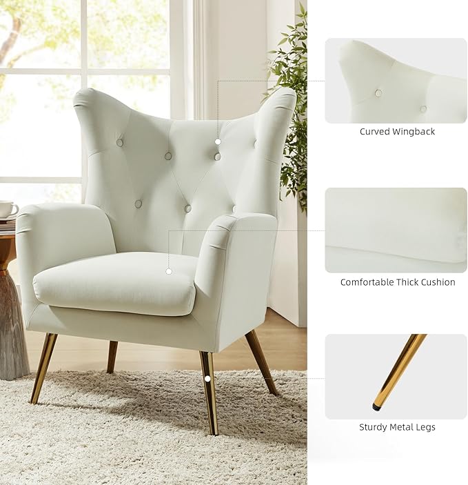 HULALA HOME Velvet Accent Chair, Modern Wingback Arm Chair with Metal Gold Legs, Velvet Tufted Upholstered(Ivory)