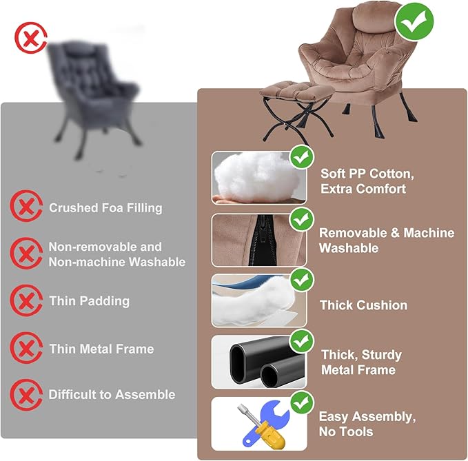 Furlide Lazy Chair with Ottoman, Modern Accent Chair with Armrests and a Side Pocket, Velvet Khaki Accent Chairs, Reading Chairs, Oversized Armchairs for Bedroom, Study, Living Room, Courtyard