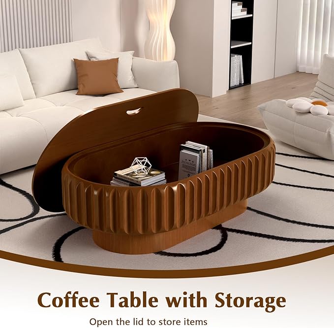 Oval Drum Coffee Table Fluted Coffee Table with Storage Center Table Pedestal End Table for Apartment (43.3in)