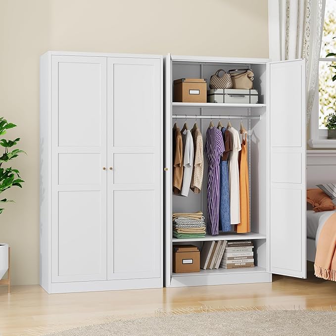 Metal Armoire Wardrobe Closet Cabinet,White Armoire Wardrobe Closets Storage Cabinets with Doors and Adjustable Shelves for Laundry Room,Bedroom,Bathroom