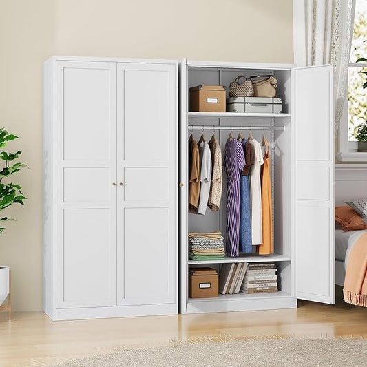 Metal Armoire Wardrobe Closet Cabinet,White Armoire Wardrobe Closets Storage Cabinets with Doors and Adjustable Shelves for Laundry Room,Bedroom,Bathroom