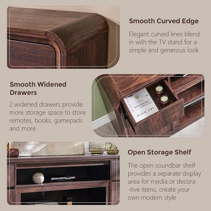 Modern TV Stand for 80 Inch TVs, 32"Tall Entertainment Center w/Storage Cabinet& drawers, Media Console Cabinet w/Soundbar & Adjustable Shelves for Living Room, Curved Profile Design, 70 inch (Brown) - Image 5