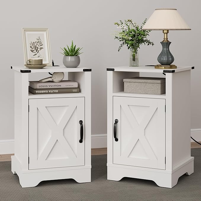 RoyalCraft Farmhouse Nightstand, End Table with Charging Station, Tall Bedside Table with Large Storage Room and Shelf, Wooden Rustic Side Table for Bedroom, Home Office, White by Bringyoubetterlife