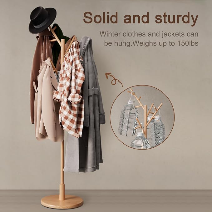Muwuele Coat Rack,Solid Wood Coat Rack Freestanding with 12 Hooks,Coat tree freestanding 3 Adjustable Heights for coat, Hats, Handbags，Coat Stand for Entryway,Bedroom (Natural) - Image 6