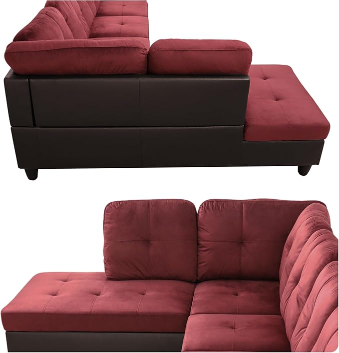 103.5 Inch Modern L-Shaped Couch, Flannel Sectional Sofa with Chaise Lounge, 4-Seater Couch with Accent Pillows for Living Room, Apartment, Red