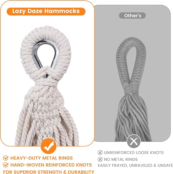 Lazy Daze Hammocks Double Brazilian Cotton Hammock, Extra Large Portable Outdoor Camping Hammock with Tree Straps & Travel Bag for Backyard Patio Poolside Indoor, 550lbs Capacity, Red Stripe - Image 7