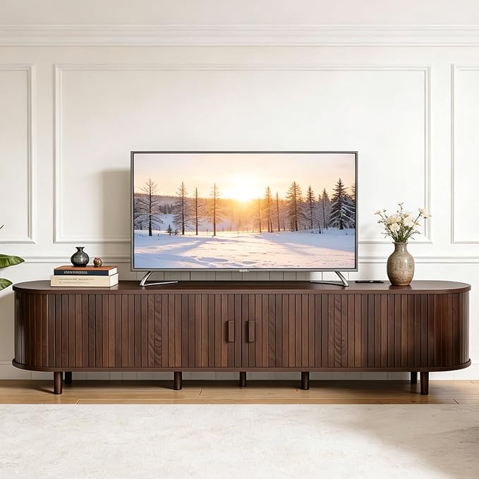 80" Mid Century Modern TV Stand, Wood TV Consoles with Sliding Doors and Power Outlet, Entertainment Center with Adjustable Shelves, Fluted TV Stands for Living Room, Walnut by Unknown
