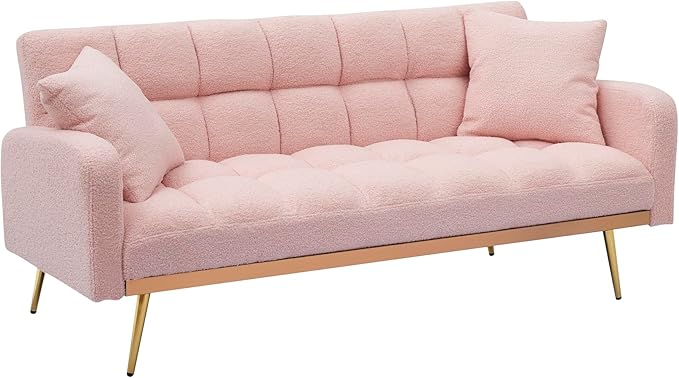 Convertible Futon Loveseat Couch Reversible Loveseat Folding Daybed Guest Bed, Tufted Teddy Fleece Upholstered Convertible Sleeper Sofa Bed with Golden Metal Legs and 2 Pillows for Living Room Office