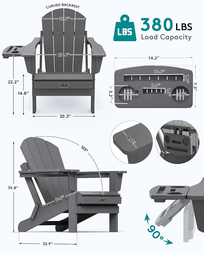 SERWALL Folding Adirondack Chair Set of 2, HIPS Adirondack Chairs with 4 in 1 Multi-Functional Cup Holder, Weather Resistant Plastic Chairs for Patio Garden Outdoors Fire Pit- Gray - Image 2