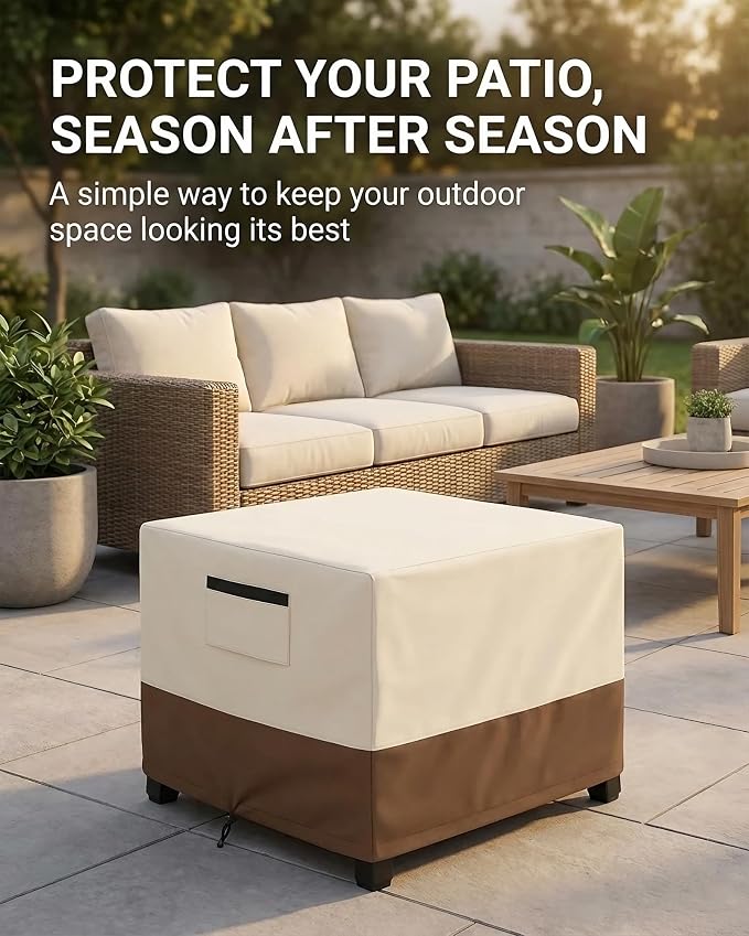 Waterproof Patio Ottoman Cover, Square Outdoor Side Table Furniture Cover with Padded Handles, 600D Heavy Duty Windproof All-Weather Patio Furniture Cover,UV Resistant, 22 x 22 x 18 Inch, Beige&Brown - Image 5