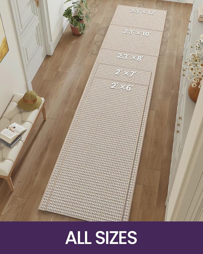 DEXI Hallway Runner Rug 2'4"x8', Non Slip Rubber Backed Runners Carpet, Ultra Thin Entryway Rugs Indoor for Kitchen Hallway Entrance Bedroom, Beige and White - Image 2