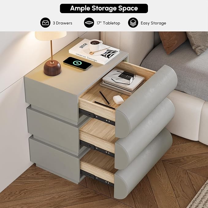 homary Smart Nightstand Modern White Leather Nightstands with Wireless Charger Bedside Table with 3 Drawers for Bedrooms Living Rooms Offices 19.7" W x 16.1" D x 23.6" H - Image 9