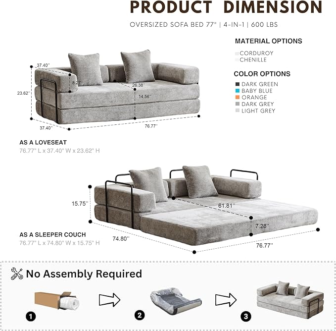 4-in-1 Folding Convertible Sofa Bed, 77" Floor Couch with Pillow - Chenille Fabric & High-Density Sponge & Fixed-Shape Frame, Modular Sofa for Living Room/Lounge/Studio, Light Grey