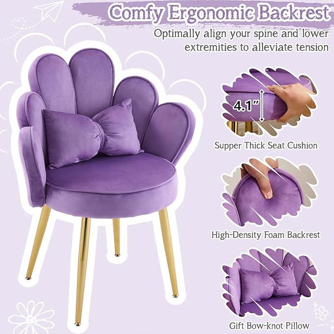 VINGLI Petal Makeup Vanity Chair with Back,Flower Cute Girls Desk Chair Comfy No Wheels,Modern Dining Chair,Small Accent Chair with Adustable Gold Legs&Bow Pillow for Home Office,Bedroom,Velvet,Purple