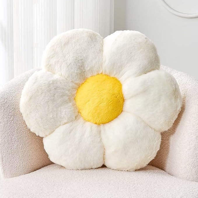 Kcvvcr White Flower Plush Throw Pillow, Cute Decorative Flower Shaped with Faux Rabbit Fur, 14.9" Soft Throw Pillow for Bedroom Living Room