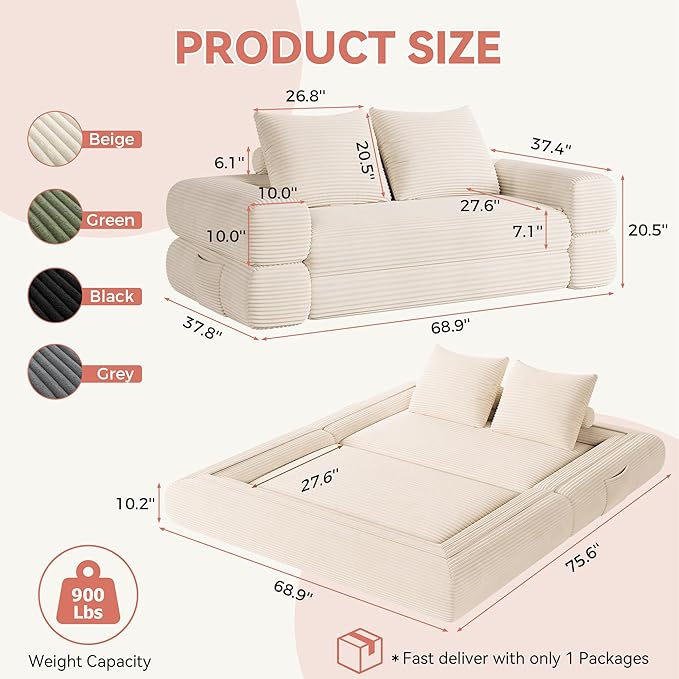 4-in-1 Convertible Folding Sofa Bed, 76 Inch Queen Size Foldable Sleeper Sofa Bed, Wide Corduroy Upholstery, Boneless Mattress Couch with Armrests & Neck Pillow for Living/Bedroom - Beige