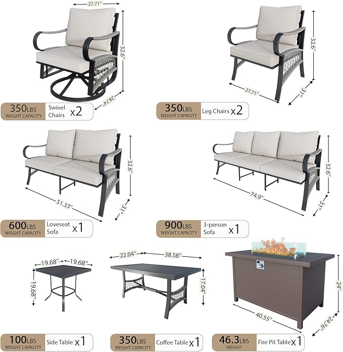 9 Pieces Outdoor Patio Conversation Sets, Outdoor Furniture Set Metal 3-Seater 2 Swivel Rockers with Side Table 2 Single Chairs 1 Loveseat with Coffee Table and Fire Pit Table, Beige